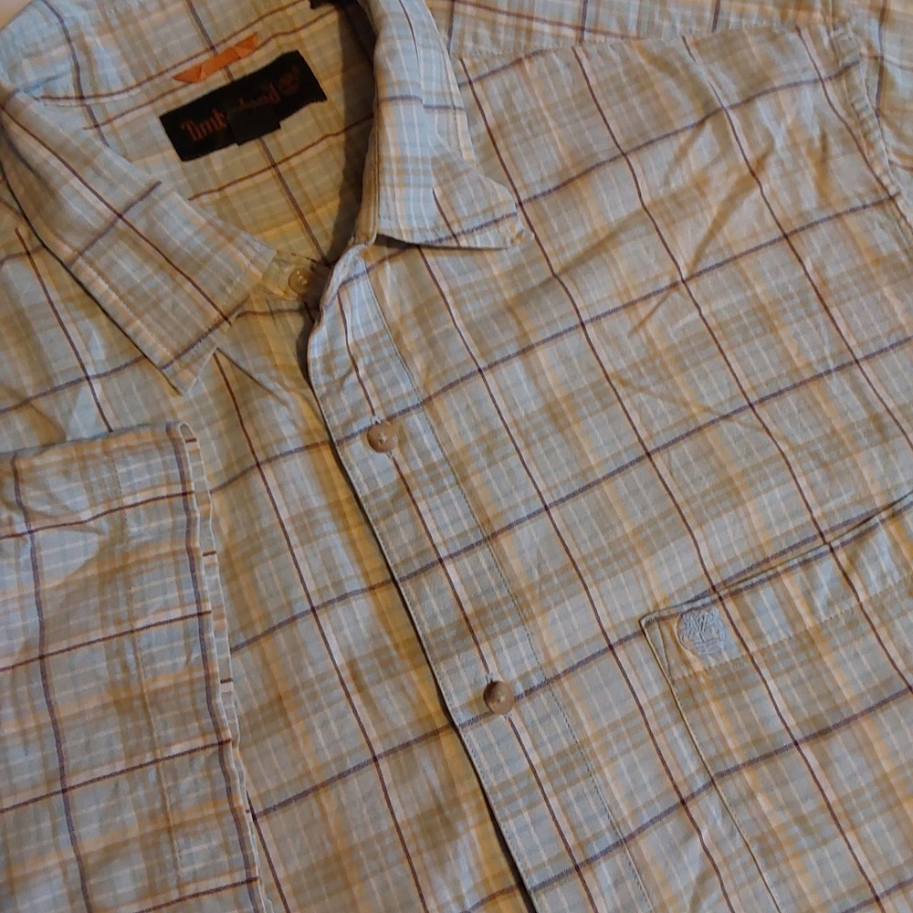 Timberland Men's Large Blue Plaid Short Sleeve‎ Button Up Cotton Shirt
